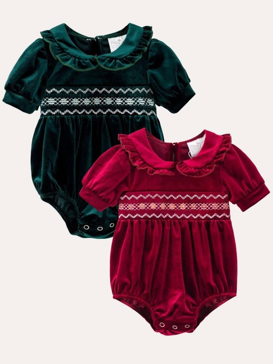 Baby Velvet Smocked Peter Pan Bubble Romper: Hunter
