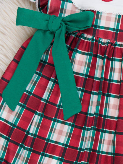 "Joy" Wreath Embroidered Plaid Bow Dress