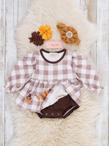Turkey Gingham Celebration Embroidered Bubble Romper