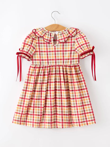 Thanksgiving Turkey Pumpkin Maple Leaf Smocked Plaid Dress