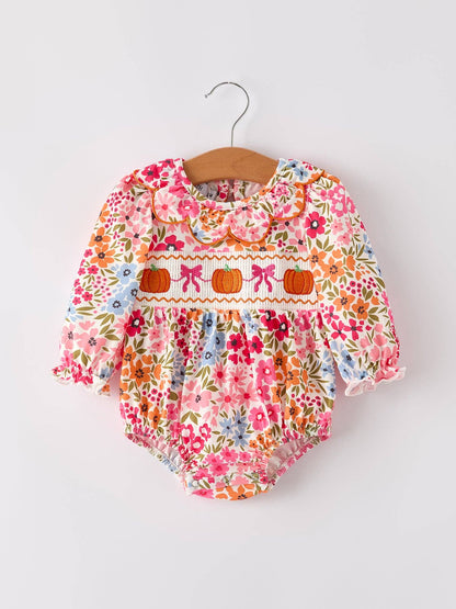 Pumpkin Bow Smock Embroidered Floral Baby Girl Romper