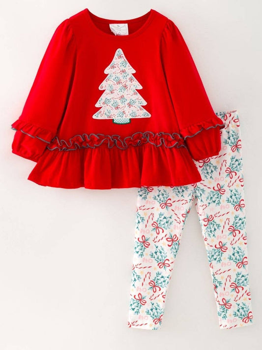 Red Christmas Tree Appliqué Girls Tunic & Legging Set