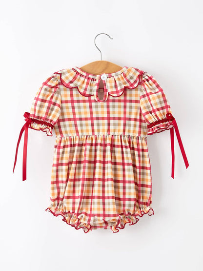 Thanksgiving Turkey Pumpkin Maple Leaf Plaid Baby Girls Romper