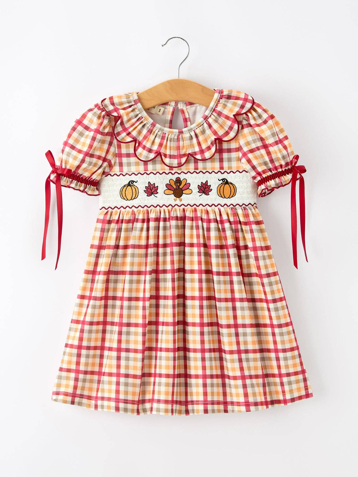 Thanksgiving Turkey Pumpkin Maple Leaf Smocked Plaid Dress