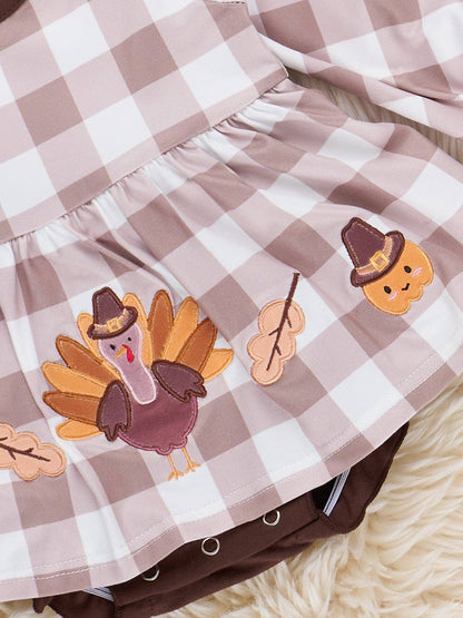 Turkey Gingham Celebration Embroidered Bubble Romper