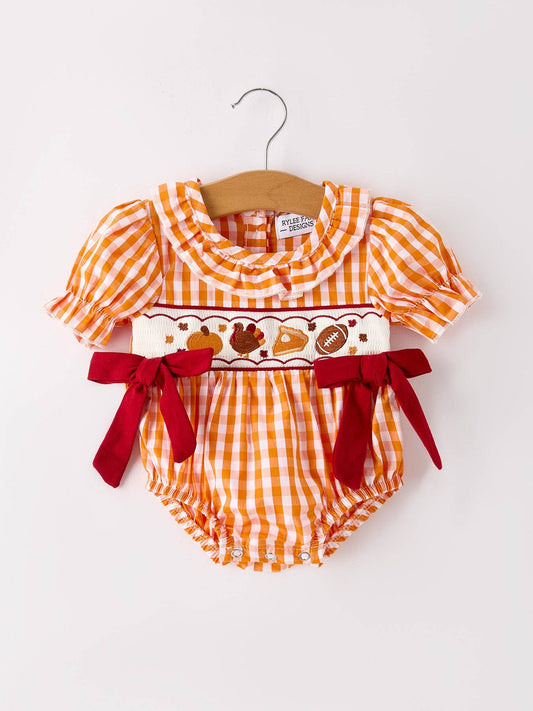 Turkey Fall Embroidered Romper for Baby Girls – Orange Checkered with Thanksgiving Details