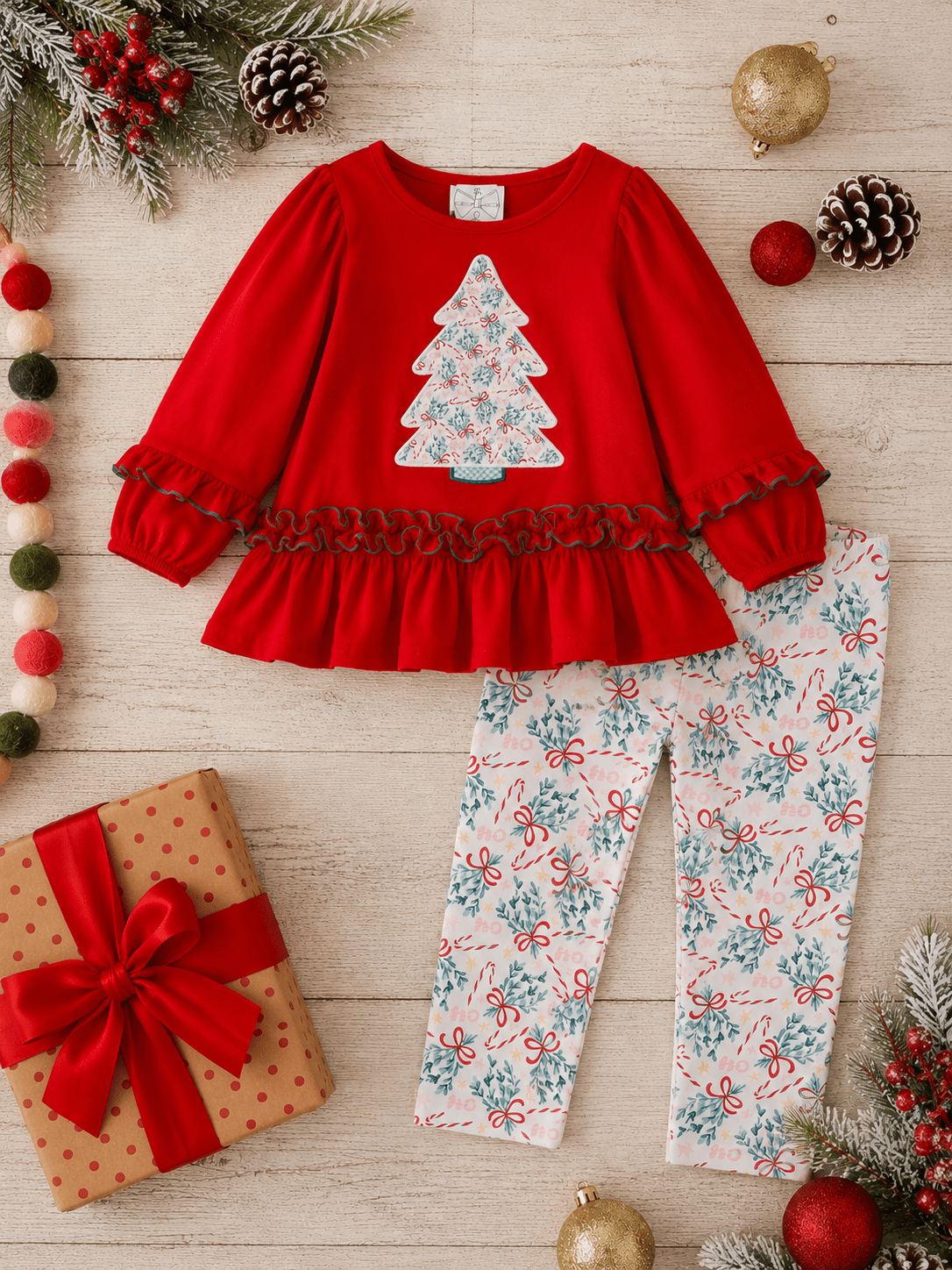 Red Christmas Tree Appliqué Girls Tunic & Legging Set
