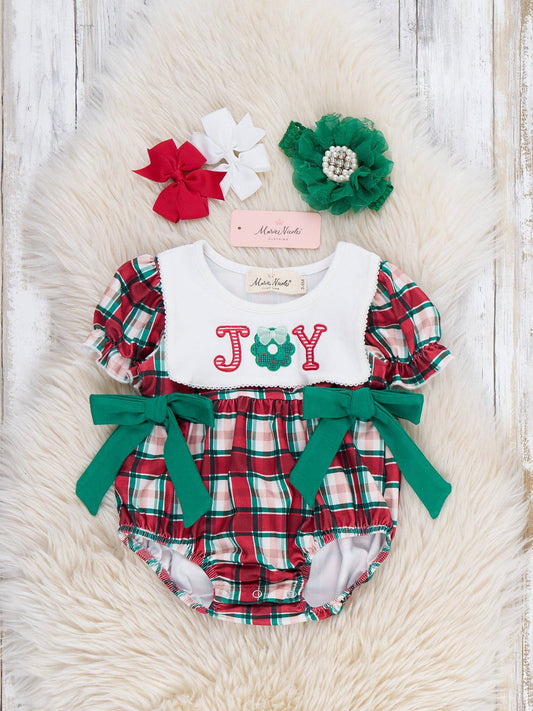 "Joy" Wreath Embroidered Plaid Bow Bubble Romper