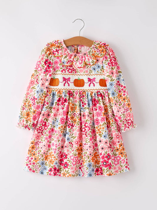 Pumpkin Bow Smock Embroidered Floral Dress