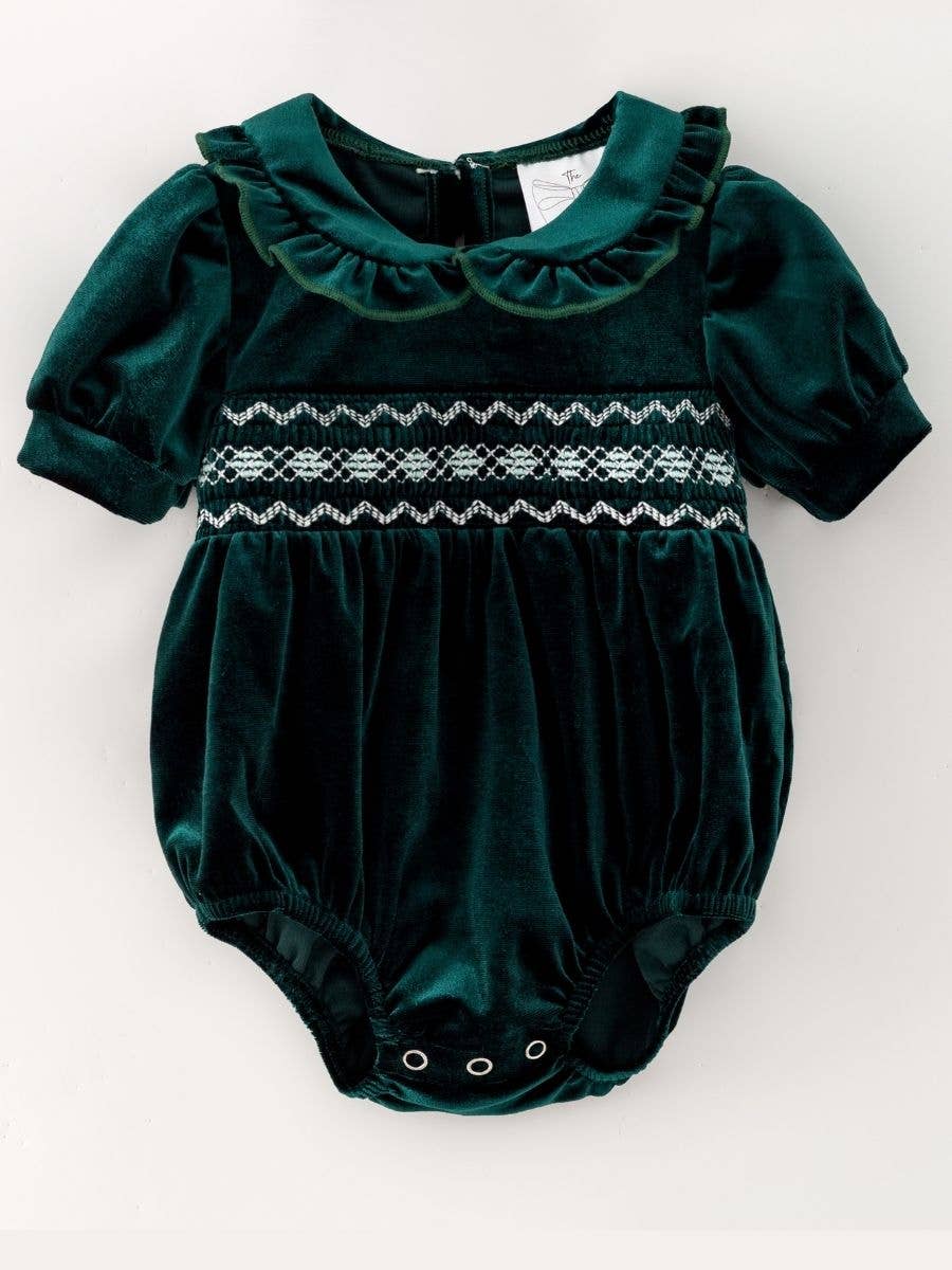 Baby Velvet Smocked Peter Pan Bubble Romper: Hunter