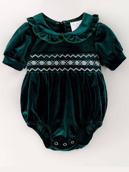 Baby Velvet Smocked Peter Pan Bubble Romper: Hunter
