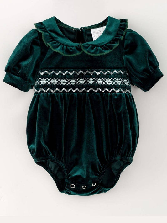 Baby Velvet Smocked Peter Pan Bubble Romper: Hunter