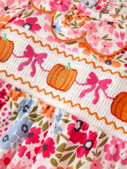 Pumpkin Bow Smock Embroidered Floral Baby Girl Romper