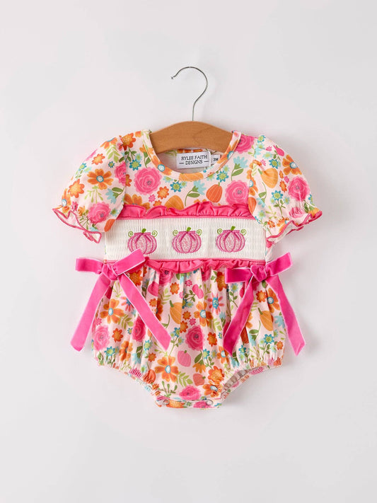 Autumn Halloween Thanksgiving Pumpkin Embroidery Smock Floral Girls Romper