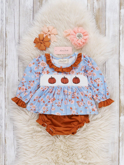 Pumpkin Floral Breeze Smocked Ruffle Bloomers Outfit