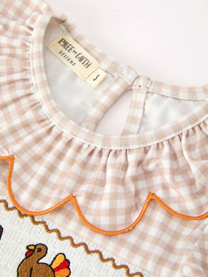 Thanksgiving Smocked Girls Dress Turkey Pumpkin Pie Embroidery