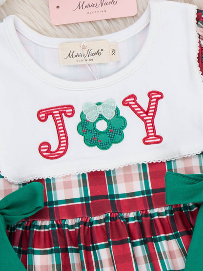 "Joy" Wreath Embroidered Plaid Bow Dress