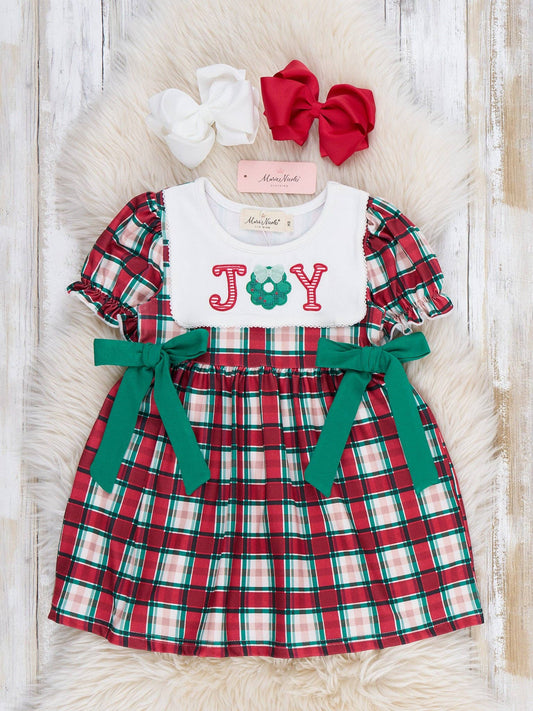 "Joy" Wreath Embroidered Plaid Bow Dress