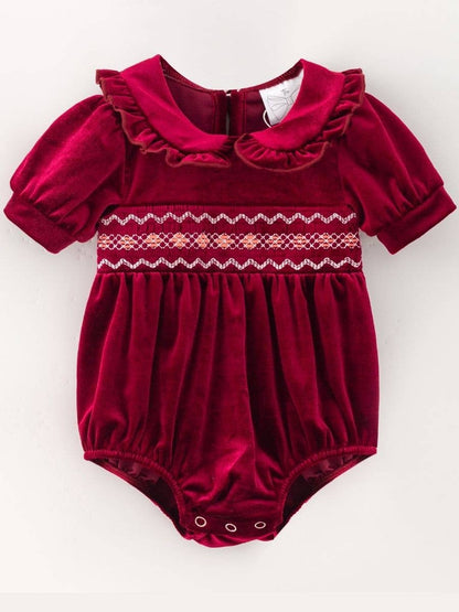 Baby Velvet Smocked Peter Pan Bubble Romper: Scarlet