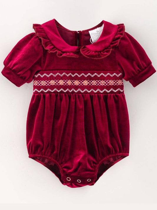 Baby Velvet Smocked Peter Pan Bubble Romper: Scarlet